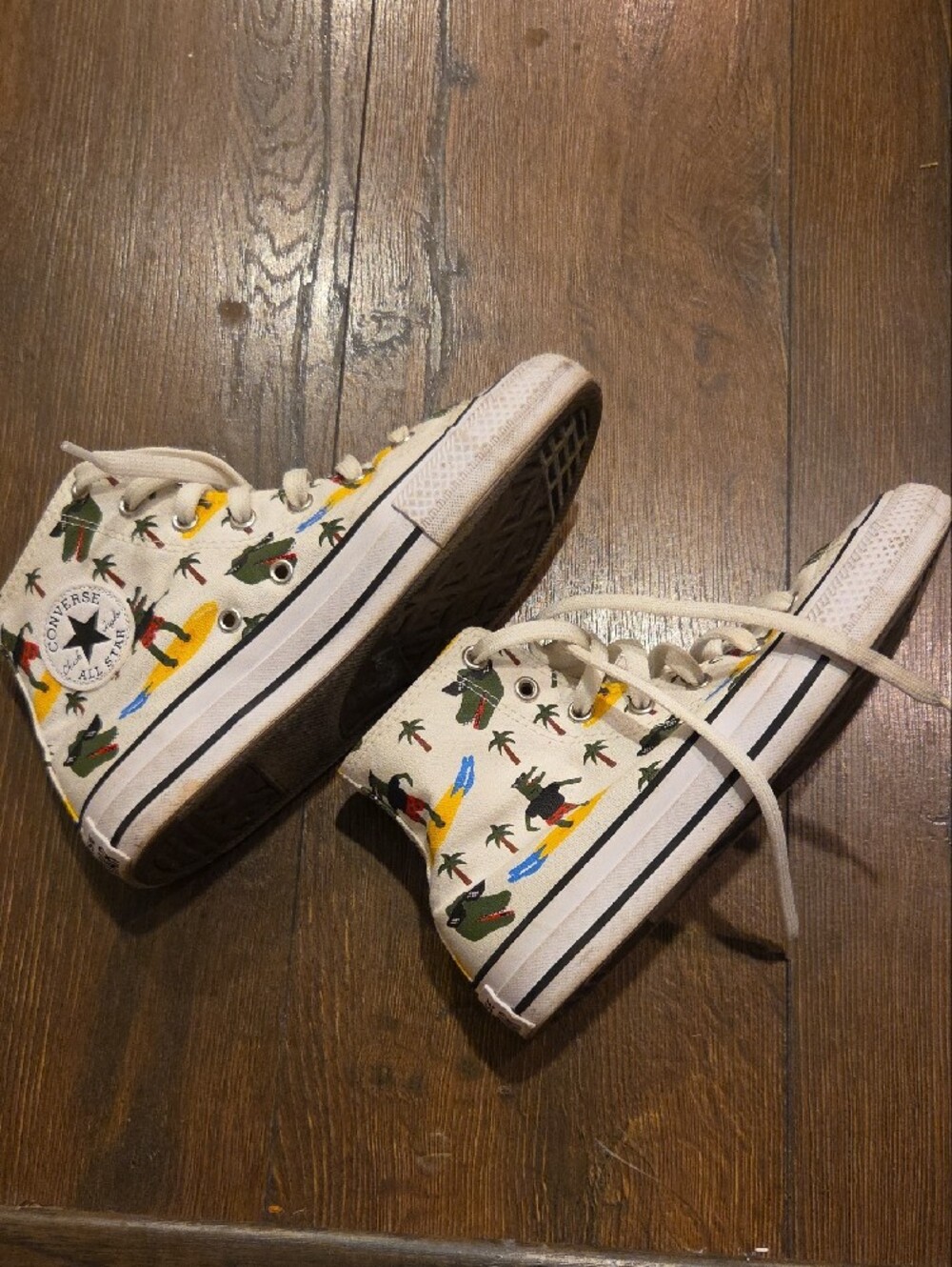 Converse Junior Kids White High-Top Sneakers with Yellow & Green Allegator Print